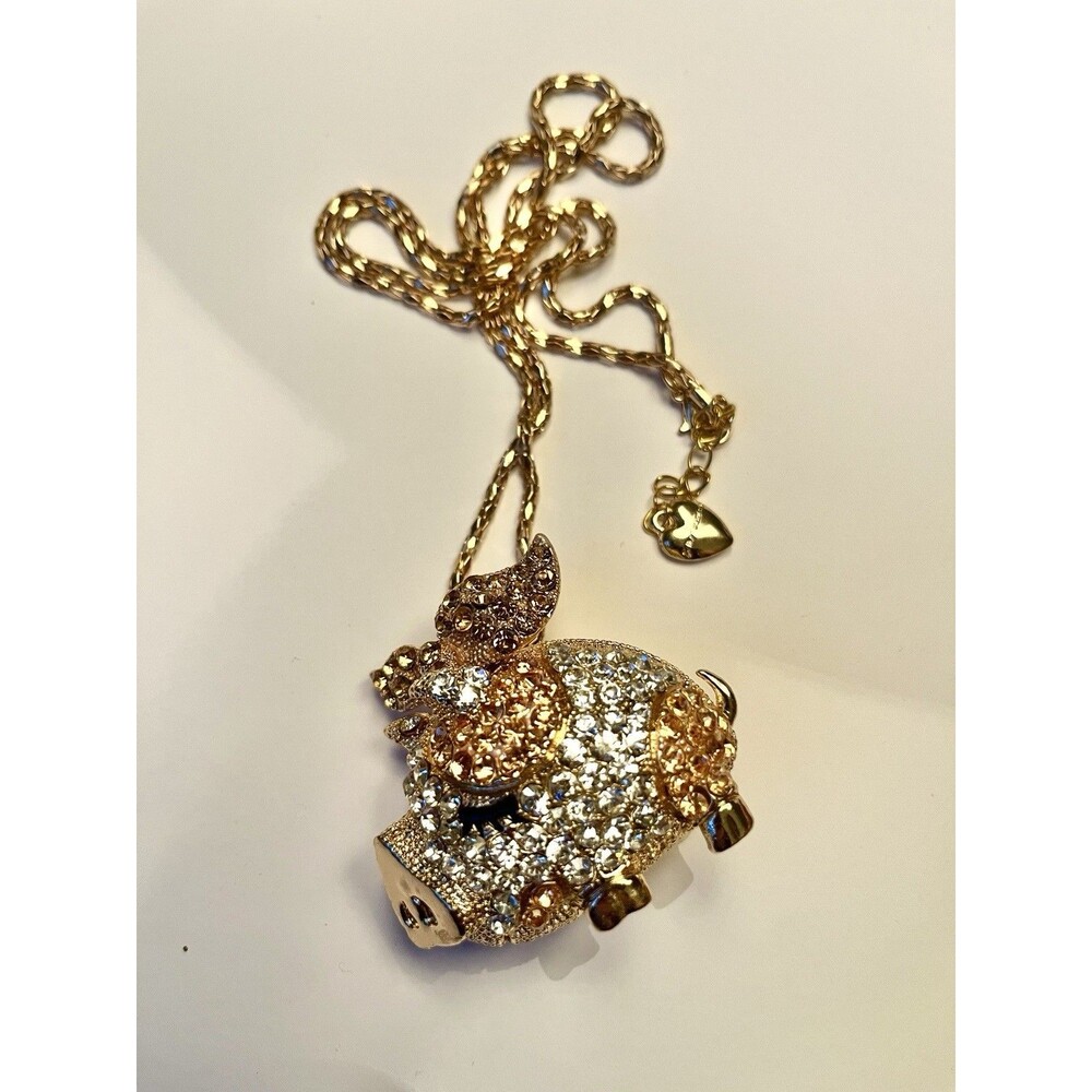 Betsey Johnson Gold & Clear Crystal Pig Necklace